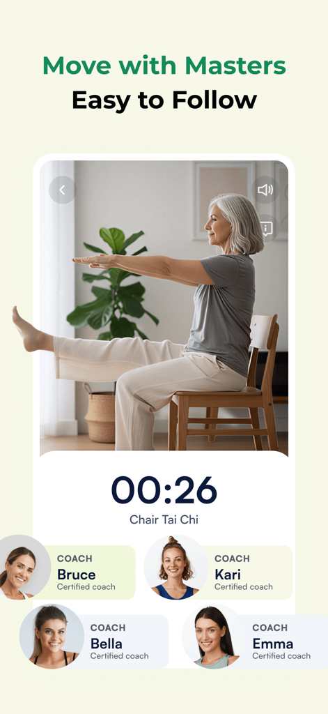 ZenFit: Tai Chi for Beginners - Pantalla de la app ZenFit que muestra a una mujer practicando Tai Chi en silla y una lista de entrenadores certificados