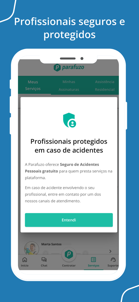 Parafuzo - Diaristas e Faxina - Parafuzo-App-Bildschirm mit Informationen zur Unfallversicherung für professionelle Dienstleister.