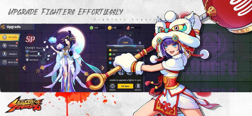 캐릭터 속성과 사자춤 탈을 쓴 소녀가 보이는 파이터스 레거시의 캐릭터 업그레이드 화면