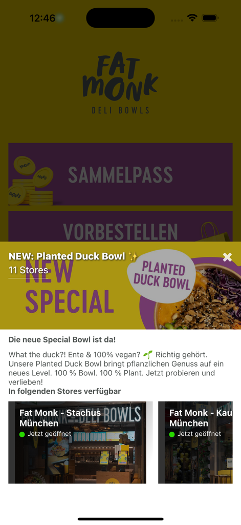 Fat Monk - Fat Monk mobile app interface displaying a special vegan bowl promotion and store location list