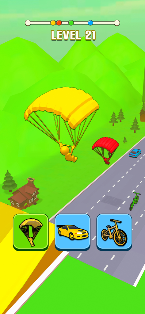 Shape Transform: Shifting Car - A character using a parachute in the Shape Transform Shifting Car game