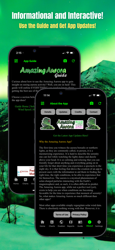 Amazing Aurora - Amazing Auroraアプリの情報画面とインタラクティブガイド画面。