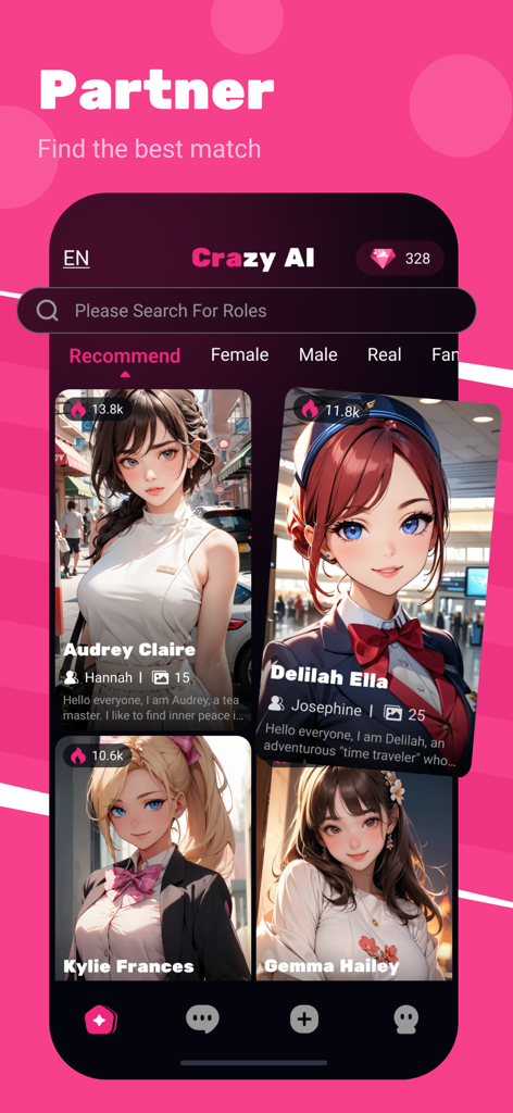 Crazy - Role Playing Companion - Crazy AI Role Playing Companion app screen showing a selection gallery of anime-style AI characters for chat and roleplay.