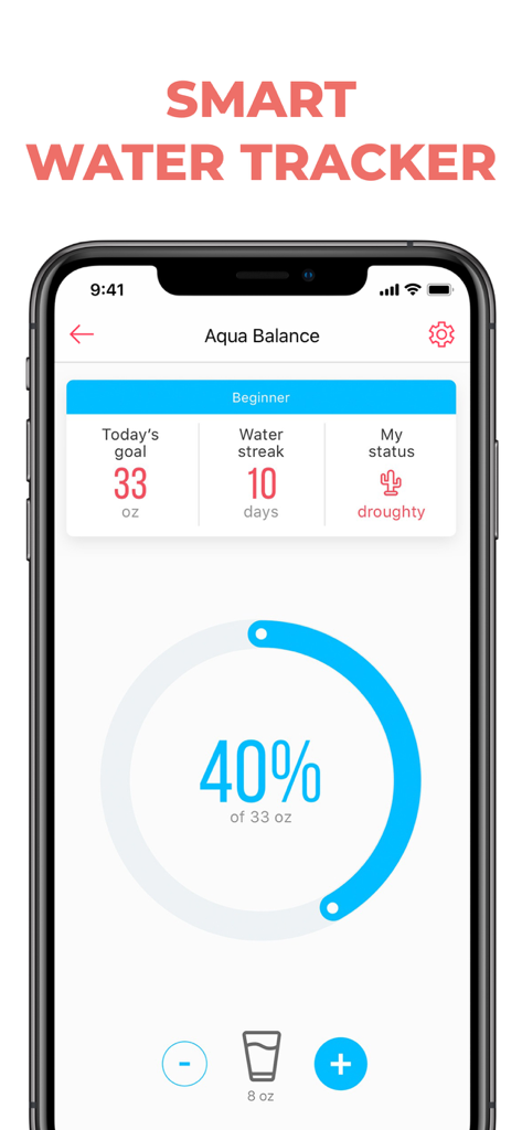 Smart water tracker interface showing daily hydration progress and goals.