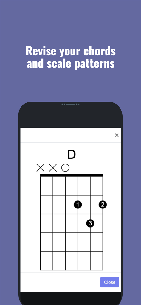 Fret Master - Uno schema di accordi di chitarra per l'accordo di Re sullo schermo dell'app Fret Master