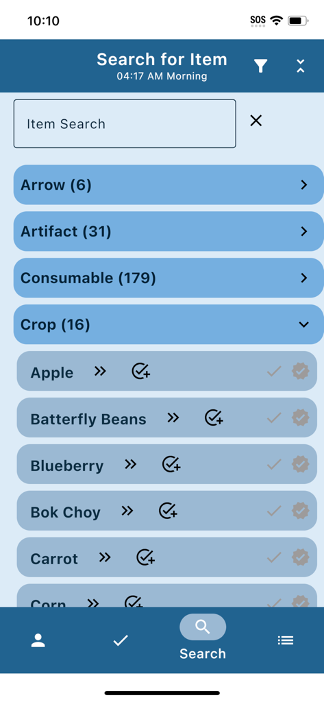 Unofficial Palia Notebook - Pantalla de búsqueda de la aplicación Palia Notebook que muestra una lista de cultivos y otras categorías de artículos del juego
