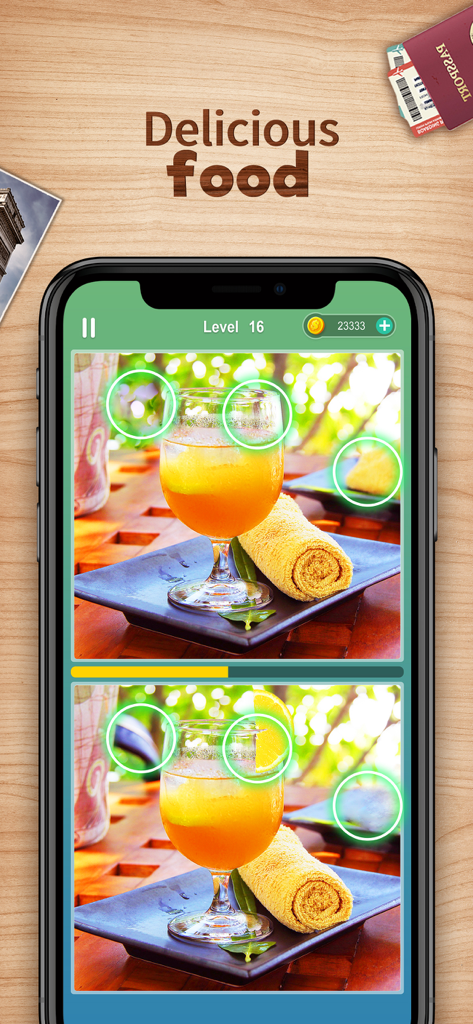 Difference Find Tour - Gameplay screenshot of Difference Find Tour showing a spot the difference puzzle featuring a drink and food with green circles highlighting differences.