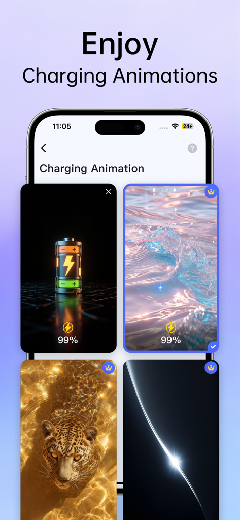A gallery of aesthetic charging animations for iPhone within the Clean Up app.
