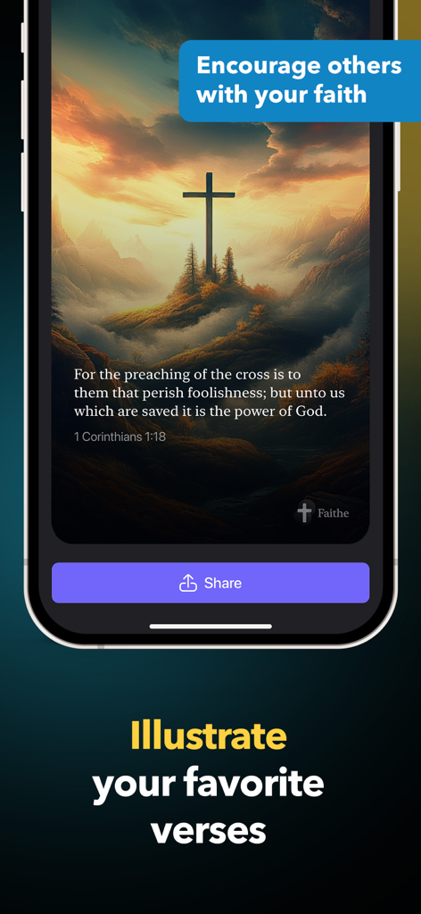 Faithe: Bible Study & Videos - Ilustración estética de versículos bíblicos con una cruz sobre un paisaje montañoso en la aplicación Faithe.