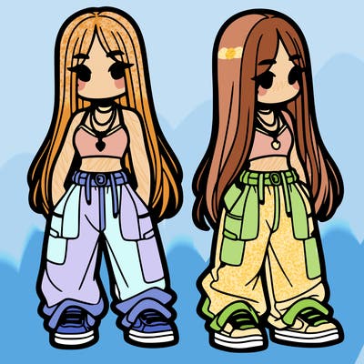 girl in baggy pants crop top and long hair