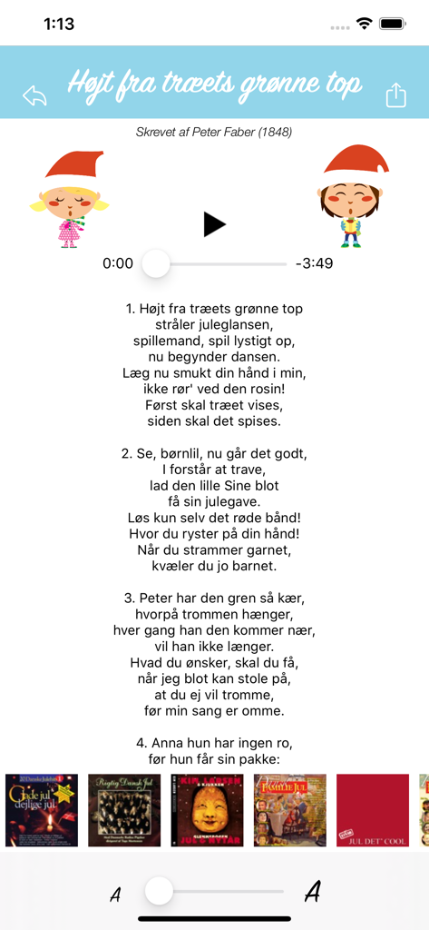 Danish Christmas song lyrics on a mobile app with audio player controls and cartoon characters