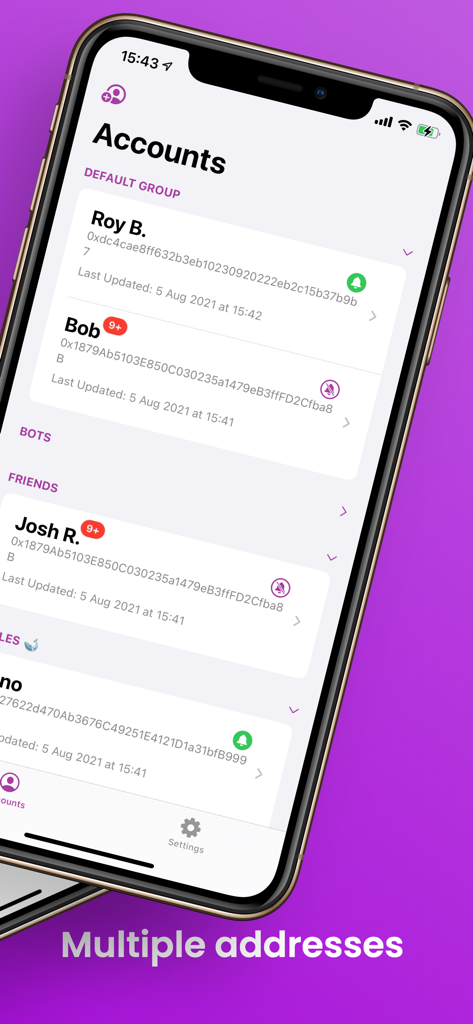 Polygon Chain Explorer mobile app interface with multiple crypto wallet addresses and custom groups