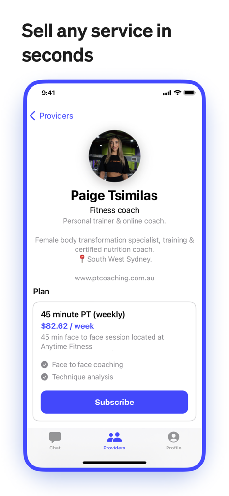 Newie - Profile page of a fitness coach in the Newie app displaying a weekly personal training subscription plan