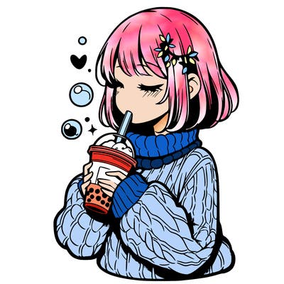 manga girl drinking boba in cozy sweater