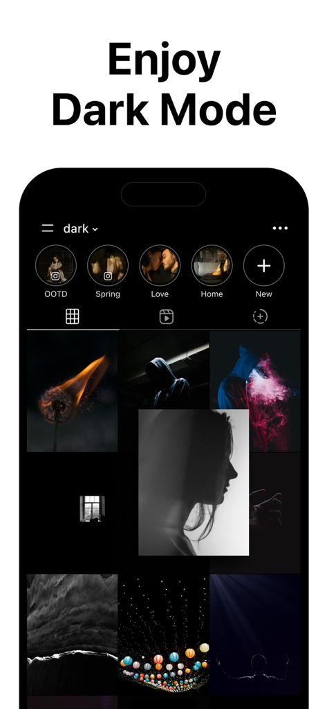 Layout for Instagram・Inpreview - Preview of the Inpreview app showing an aesthetic Instagram grid in dark mode