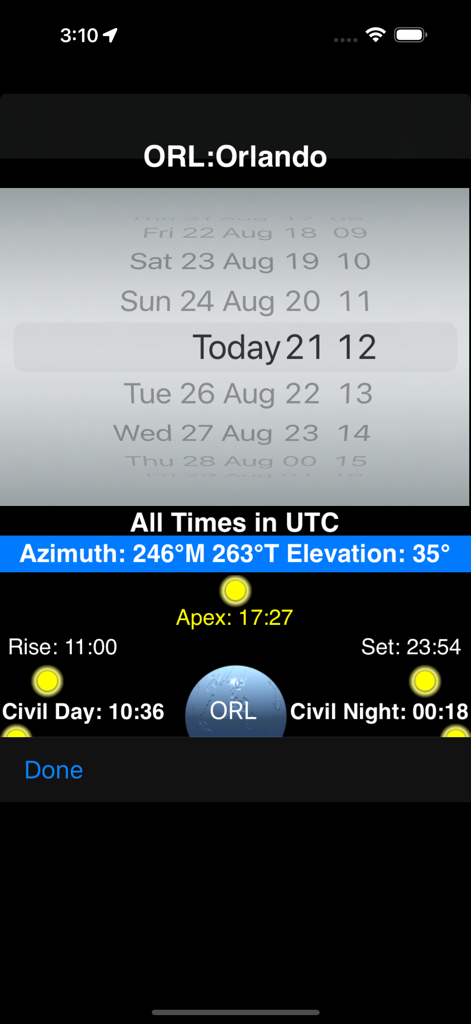 FlyBy Nav - FlyBy Nav aviation app displaying sunrise sunset and azimuth data