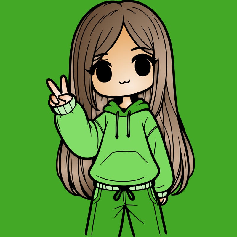 girl with straight down hair wearing a sweater and sweatpants doing the peace sign