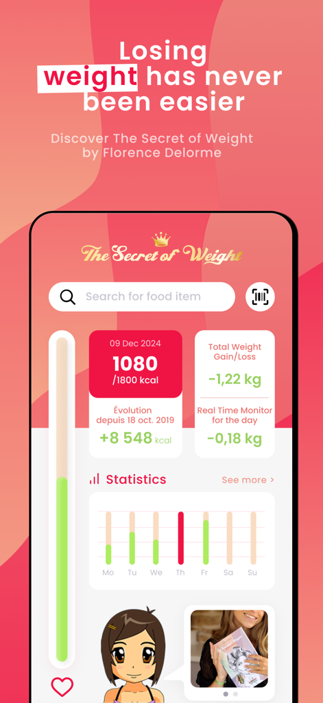 Le Secret Du Poids - Le Secret Du Poidsアプリのダッシュボード、カロリー予算と体重追跡を表示