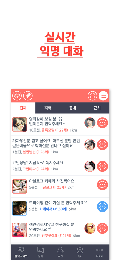 Mobile App-Schnittstelle von All Talk, die eine Liste lokaler Benutzerprofile und anonyme Chat-Beiträge zum Finden von Freunden in der Nachbarschaft zeigt.