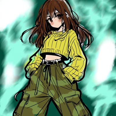anime teen girl with baggy pants and crop top with sweater