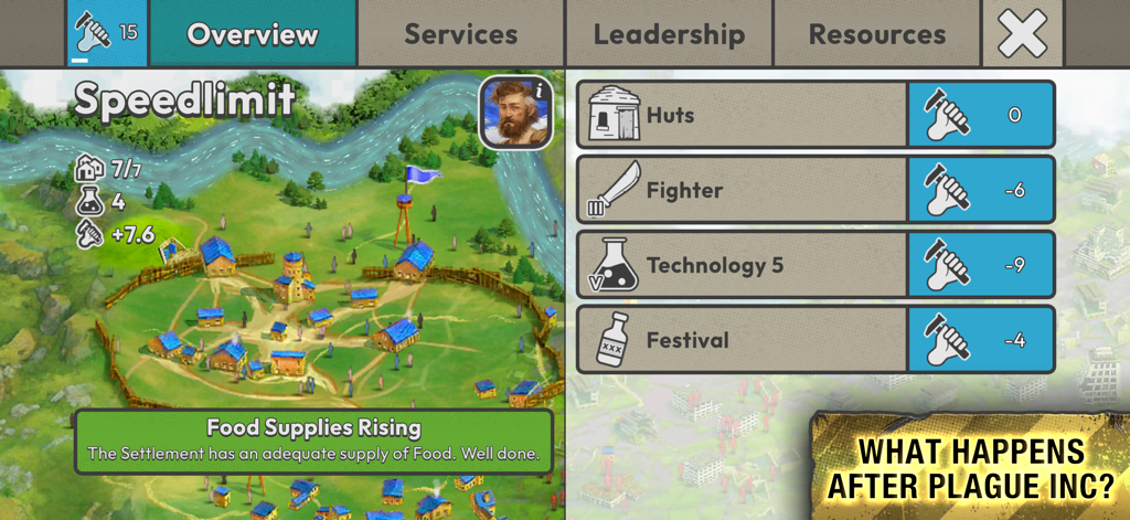 After Inc. - Gameplay screenshot of After Inc showing a post-apocalyptic settlement overview and resource management menu.