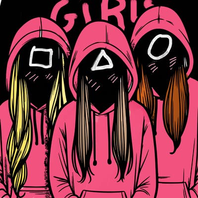 3 faceless people in hoodies with long hair stuffed in their hoodies with no bangs