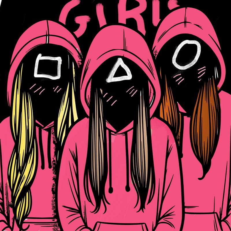 3 faceless people in hoodies with long hair stuffed in their hoodies with no bangs
