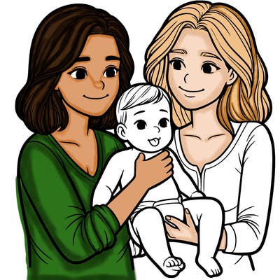 two realistic women holding one baby together