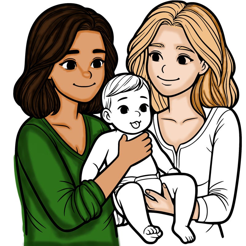two realistic women holding one baby together
