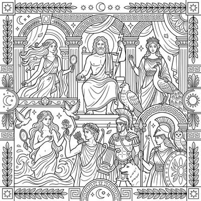 Step into the epic world of ancient Rome with this stunning coloring page featuring iconic Roman Gods and Goddesses. Perfect for mythology enthusiasts, this intricate design invites you to bring legendary figures to life with your favorite colors.