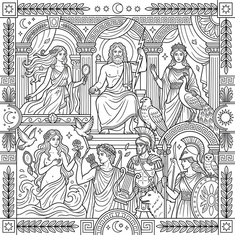 Step into the epic world of ancient Rome with this stunning coloring page featuring iconic Roman Gods and Goddesses. Perfect for mythology enthusiasts, this intricate design invites you to bring legendary figures to life with your favorite colors.