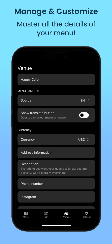 iPhone displaying business details and language settings in the QR Menu Maker app