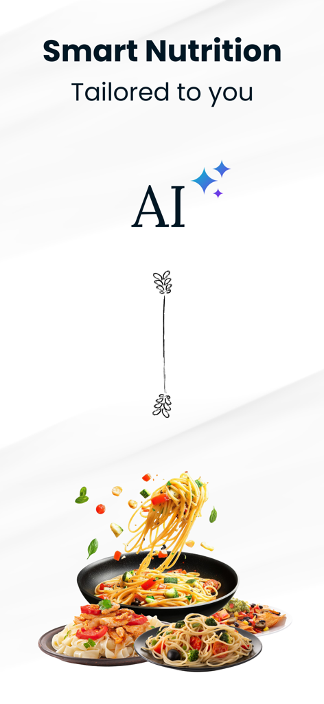 NM: AI Meal Planner & Wellness - AI meal planner app screen showing healthy pasta dishes and smart nutrition text