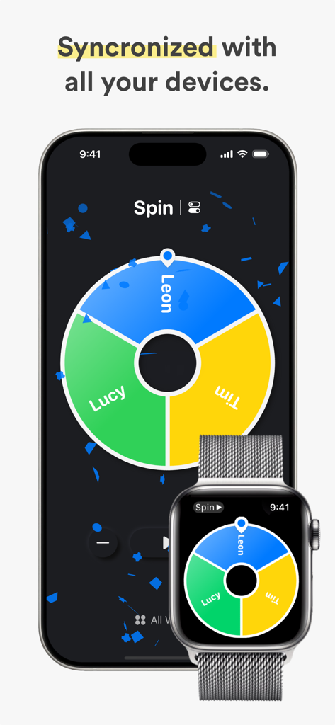 Spin - Lucky Wheel Random Draw - Spin lucky wheel app synchronized across iPhone and Apple Watch