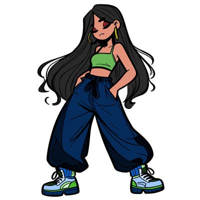 girl in baggy pants crop top and long hair