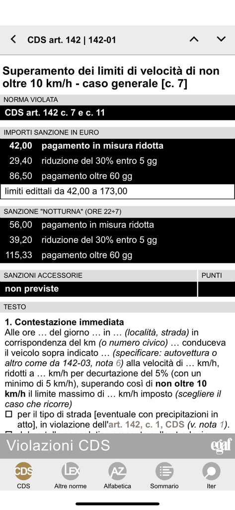 Screenshot of Violazioni CDS app showing Italian traffic violation details and fines for speeding