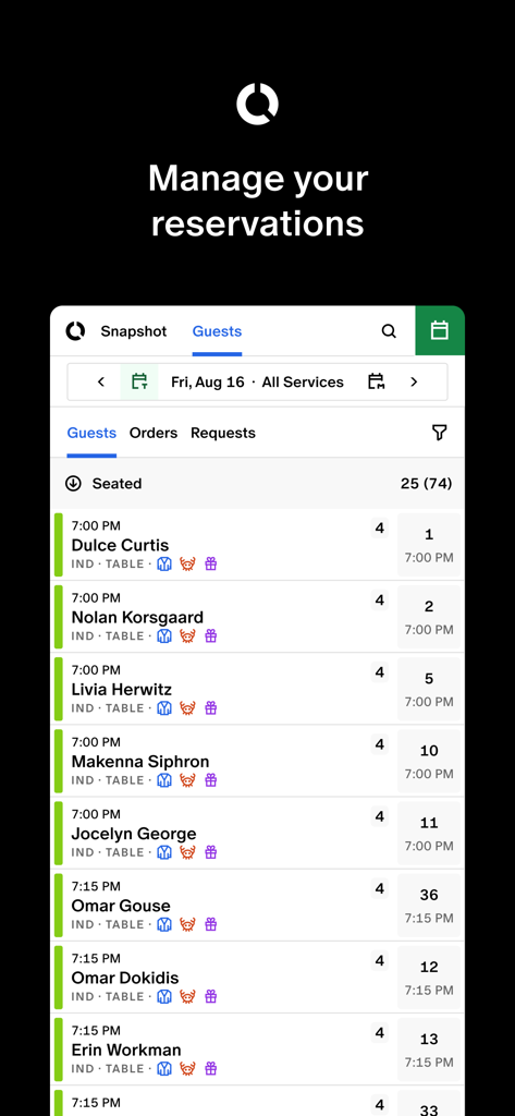 Interface mobile de Tock Dashboard montrant une liste d'invités assis avec noms, heures de réservation et tailles de groupe pour la gestion de restaurant.