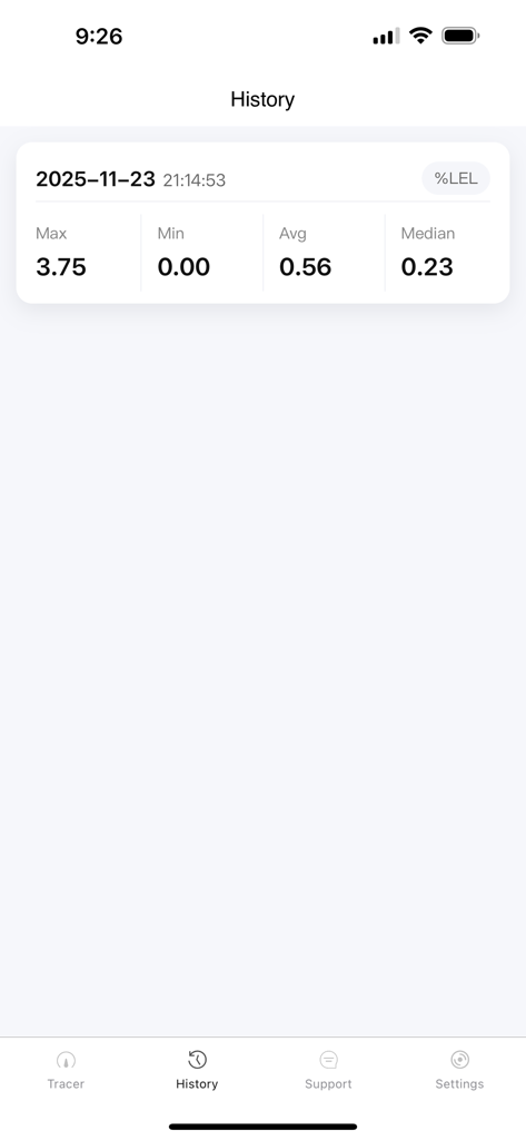 History screen of the Tracer Gas Detector app showing gas level data logs and statistics.