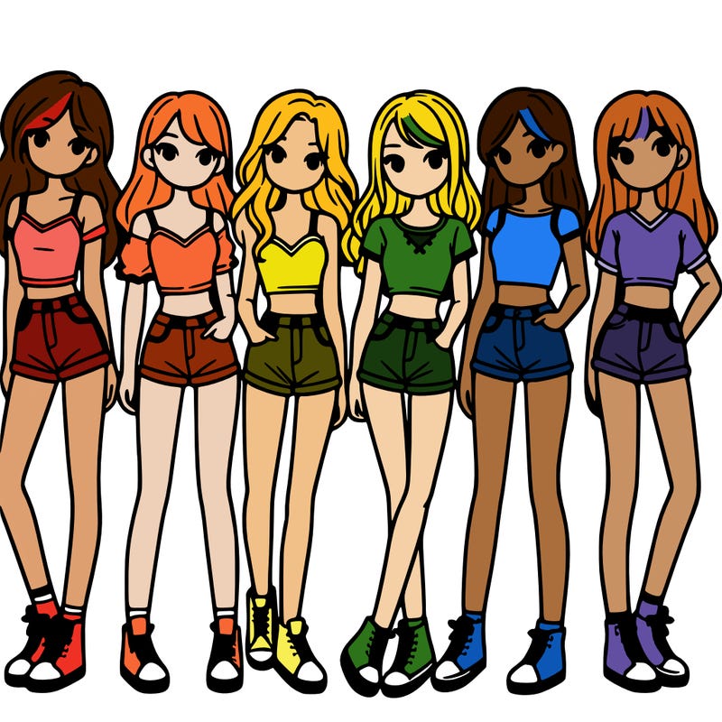 a group of girls wearing crop tops and shorts