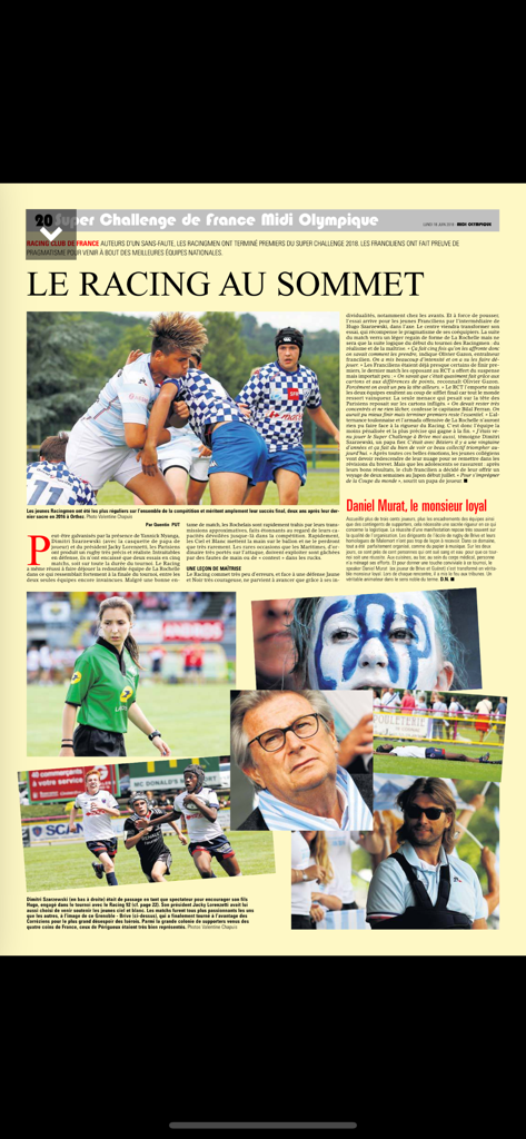 Digital newspaper layout of Midol Le Journal showing rugby articles and photos