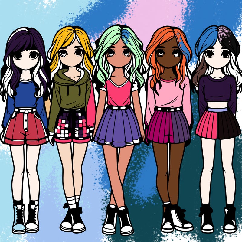 group of 6 realistic girls in a row