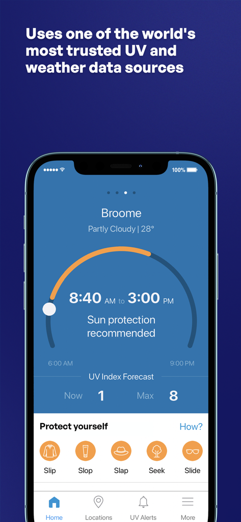 SunSmart Global UV - Interfaz de la aplicación SunSmart Global UV que muestra las horas de protección solar recomendadas y el índice UV