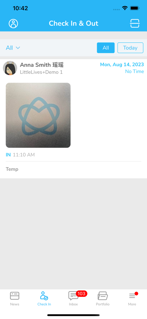 Little Family Room for Parents - Little Family Room app interface displaying a student check-in record with time and photo