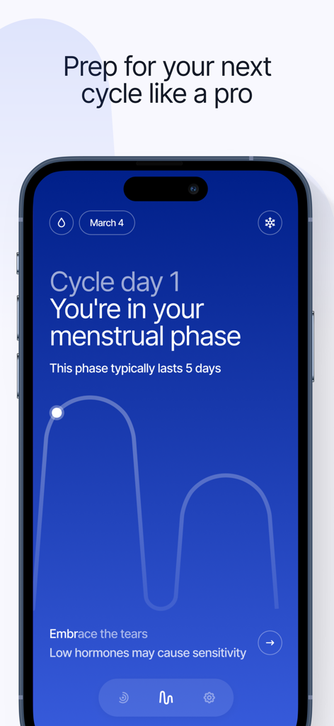 Embody Space - A minimalist mobile app interface showing cycle day one in the menstrual phase with hormone level insights and a wave graph.