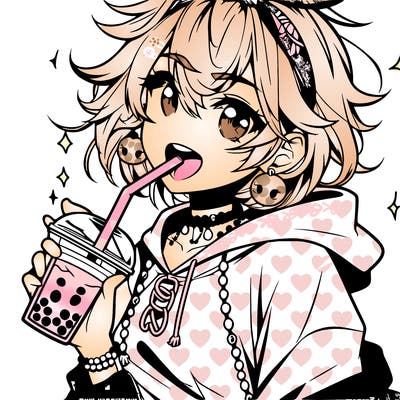hot baddie anime girl drinking boba and biting the straw
