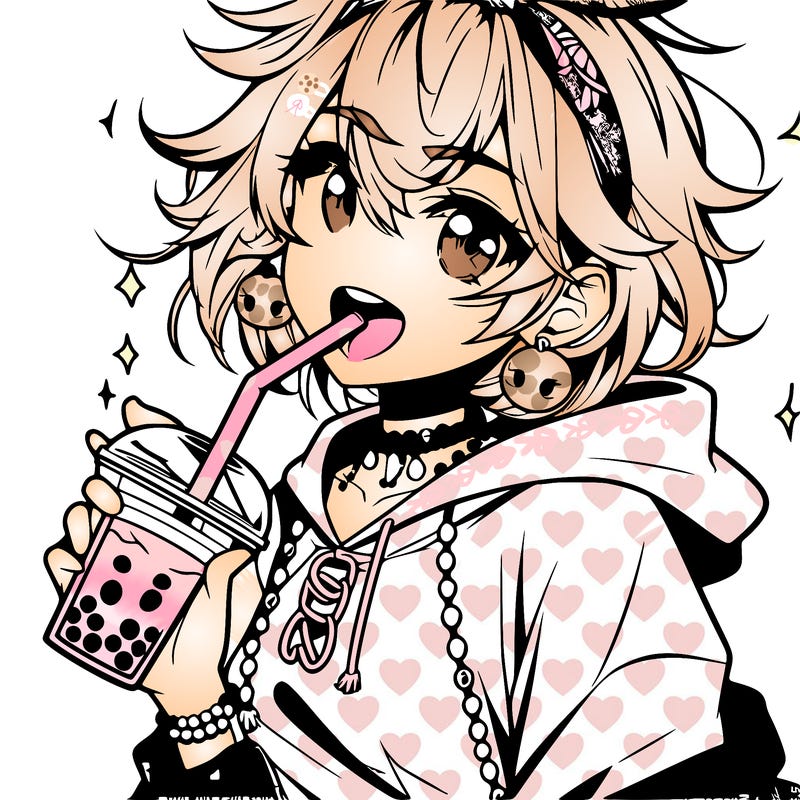 hot baddie anime girl drinking boba and biting the straw