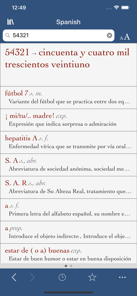 Vox Spanish dictionary app screen displaying number to text translation and word definitions
