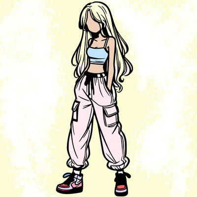 girl in baggy pants crop top and long hair