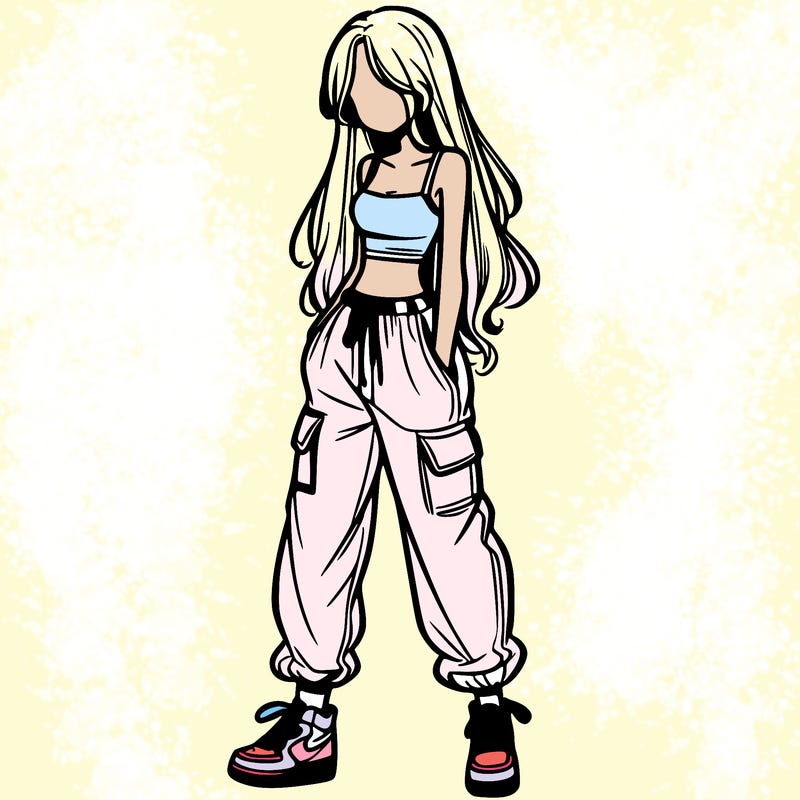 girl in baggy pants crop top and long hair
