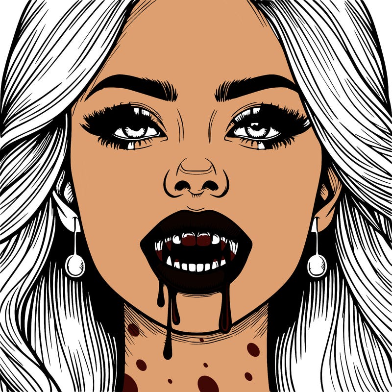 realistic woman with vampire teeth dripping from the mouth